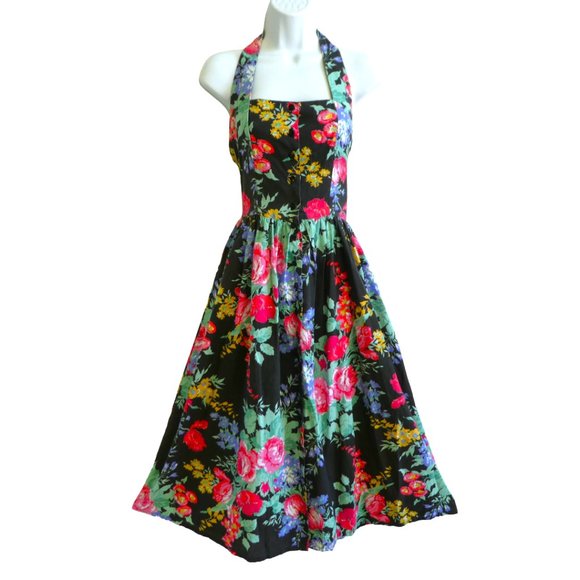 Vintage Floral Midi Halter Sundress Avon Fashions Full Button Front Fit Flare M - Picture 2 of 11